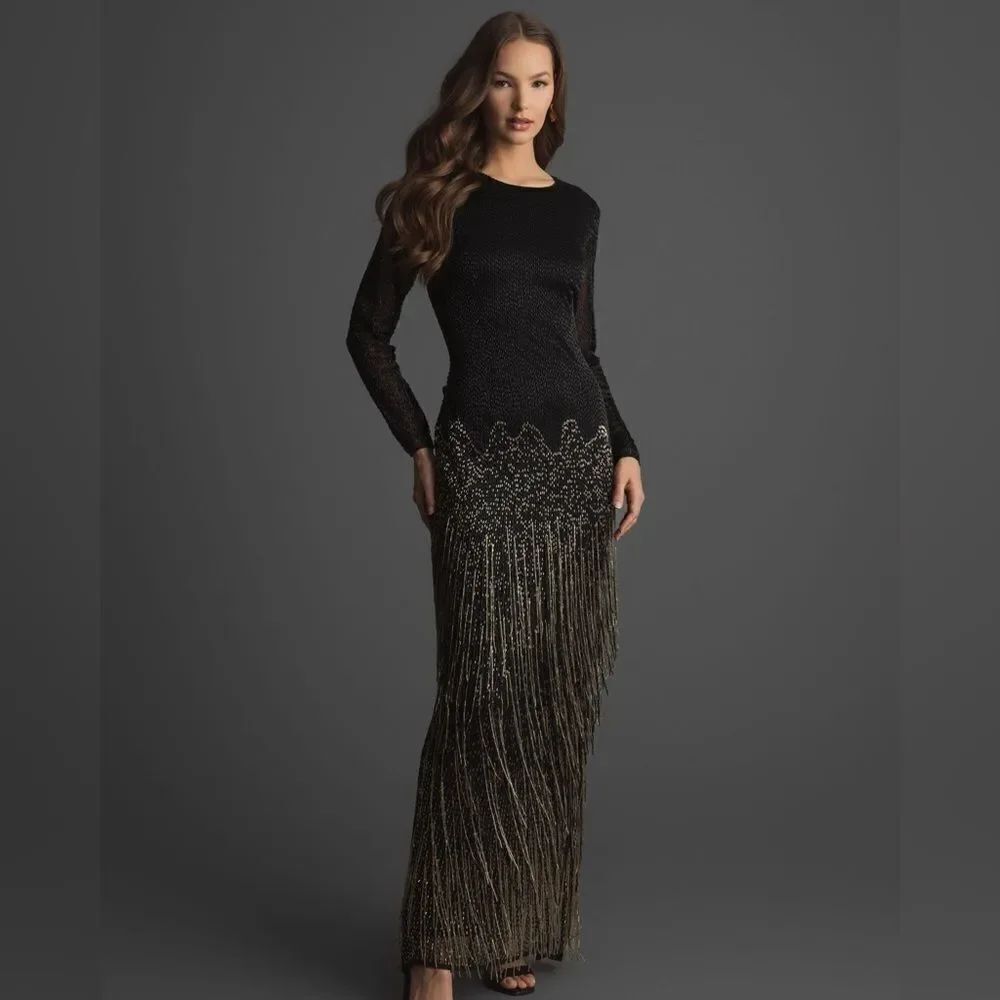 MAC DUGGAL Black Gold Size 4 Long Sleeve Beaded Fringe Evening Gown Maxi Dress